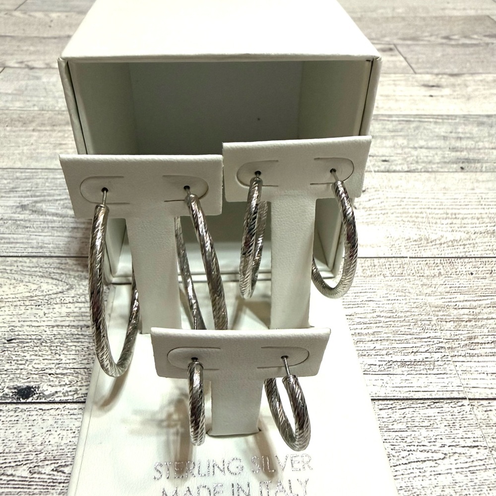set of sterling silver textured hoop earrings made in Italy